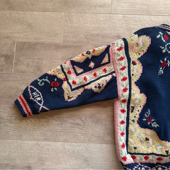 90s Together! Sweater Blue Yellow Knit Embroidered Button Up Cardigan - Picture 13 of 14